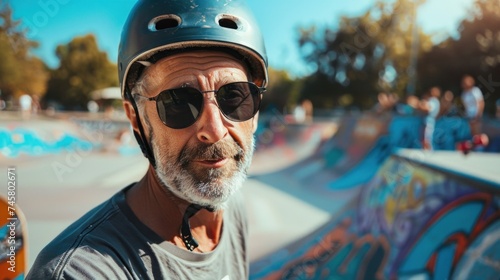 An older man with a beard and sunglasses wearing a helmet sitting at a skate park with graffiti in the background.