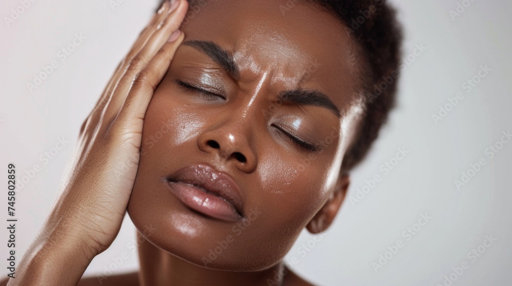 A woman with a closed-eye expression pressing her hand against her forehead with a glossy complexion and a neutral background. A woman with a closed-eye expression pressing her hand against her forehead with a glossy complexion and a neutral background.