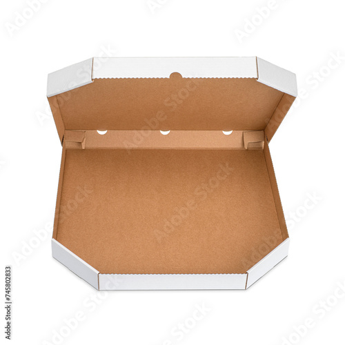 Empty open brown cardboard box for pizza isolated. Food to go packaging. Transparent PNG image.