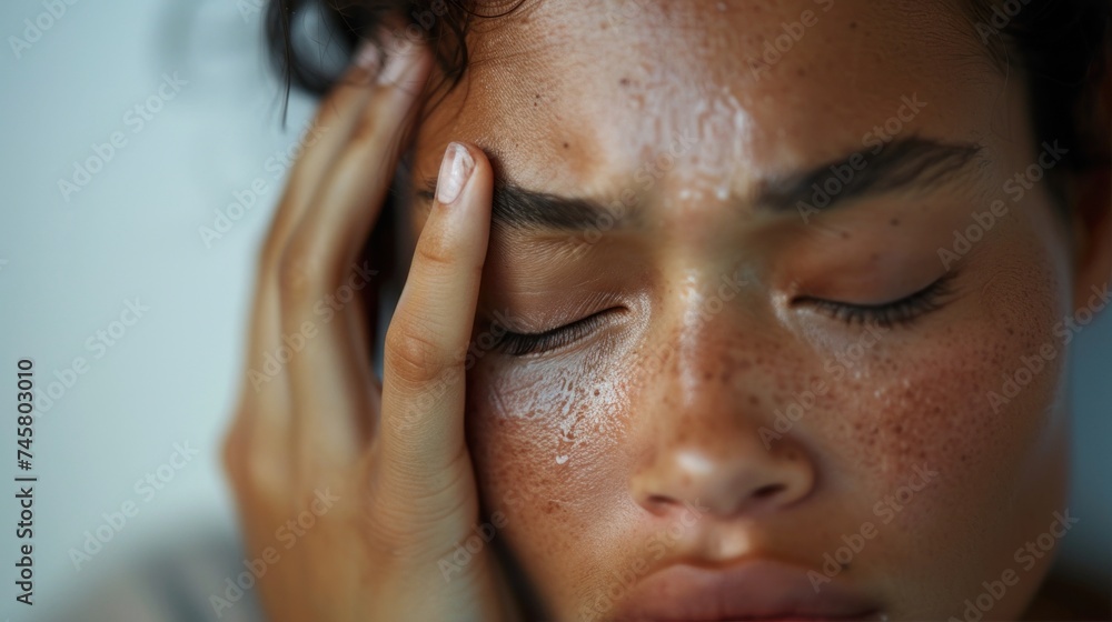 Naklejka premium A woman with closed eyes pressing her hand against her forehead showing a sense of distress or exhaustion.