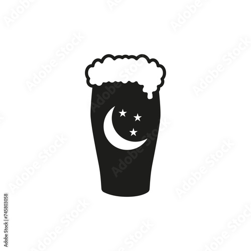 A glass of beer with a month and stars. Night bar and pub. Vector black silhouette.