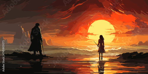 A confrontation between a hero and a villain set against the background of shore, digital art style, illustration painting