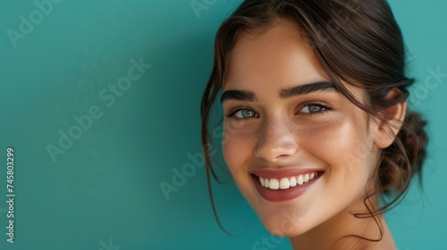 A close-up of a young woman with a radiant smile showcasing her clear skin well-defined eyebrows and a hint of makeup set against a vibrant teal background.
