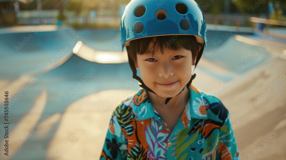 Young skateboarder with a blue helmet smiling at the camera standing in a skate park with ramps and a skateboard in the background. Young skateboarder with a blue helmet smiling at the camera standing in a skate park with ramps and a skateboard in the background.