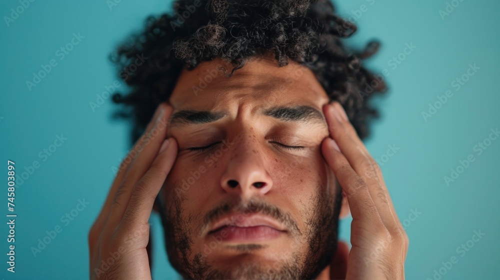 Man with closed eyes pressing hands against forehead showing signs of stress or headache against blue background. Man with closed eyes pressing hands against forehead showing signs of stress or headache against blue background.