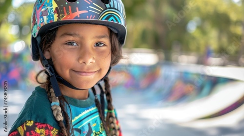 Young girl with braids wearing a colorful helmet smiling standing in front of a vibrant skate park.