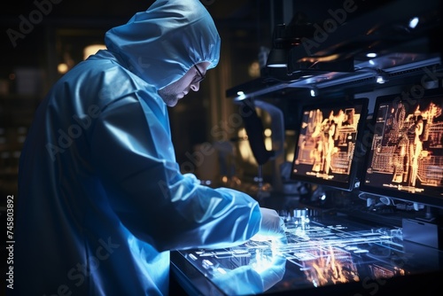 Male scientist in protective suit using microscope in modern laboratory, scientific research