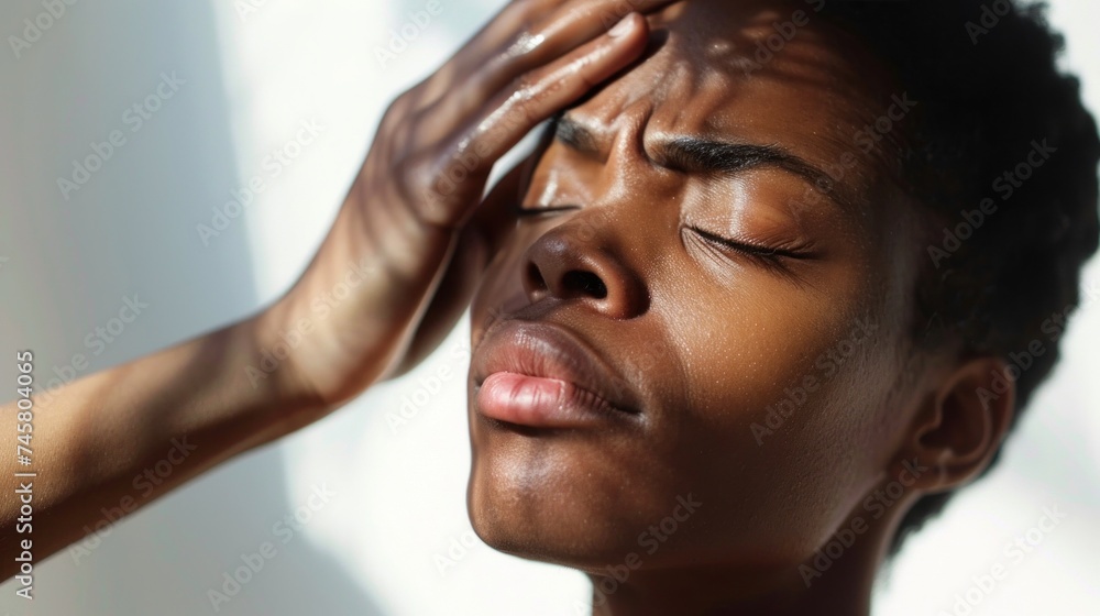 A person with closed eyes appearing to be in a state of relaxation or meditation with a hand gently placed on their forehead. A person with closed eyes appearing to be in a state of relaxation or meditation with a hand gently placed on their forehead.