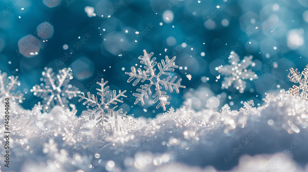 Snow in winter close-up. Macro image of snowflakes, winter holiday background. Frosty pattern. christmas snowy winter snowflakes falling background cinematic. Decorative winter border with snowflakes.