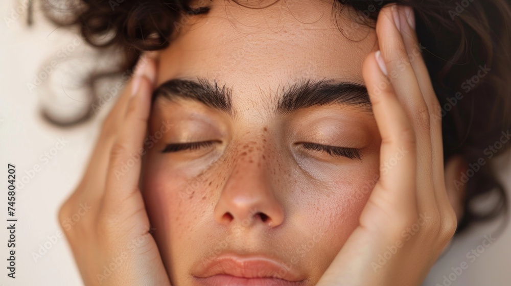 A person with closed eyes resting their head on their hands conveying a sense of relaxation or contemplation. A person with closed eyes resting their head on their hands conveying a sense of relaxation or contemplation.
