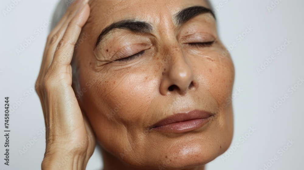Fototapeta premium A close-up of a woman's face her eyes closed with her hand gently resting on her forehead conveying a sense of relaxation or contemplation.