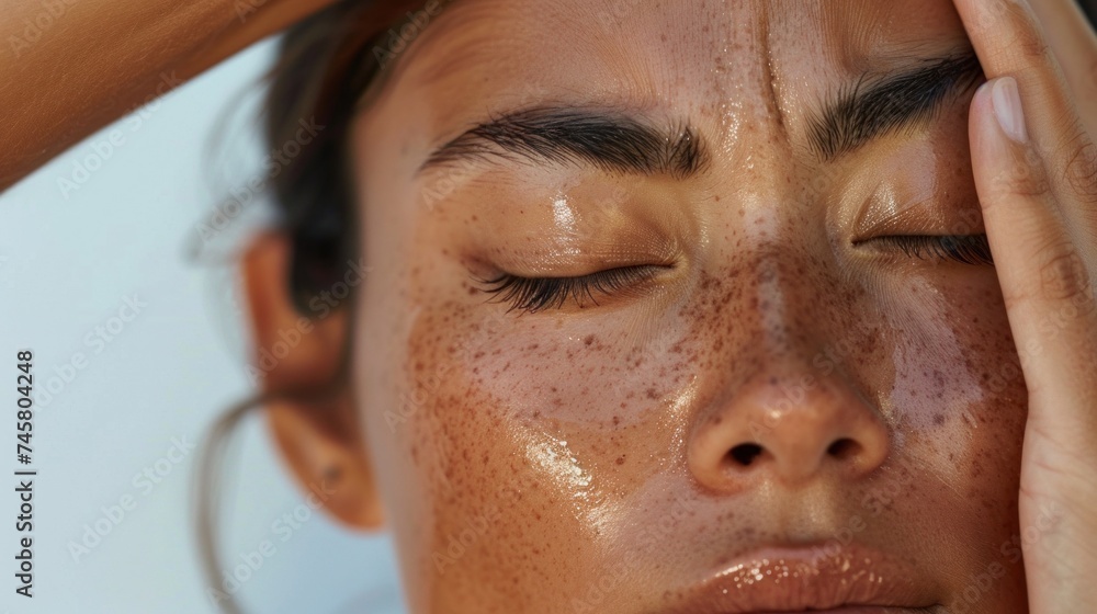A close-up of a person's face with closed eyes showcasing skin texture and freckles with a hand gently resting on the forehead. A close-up of a person's face with closed eyes showcasing skin texture and freckles with a hand gently resting on the forehead.