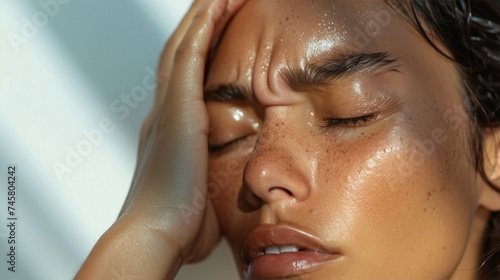 Woman with closed eyes hand on forehead skin glistening with moisture possibly after a bath or shower in a serene and relaxed pose.