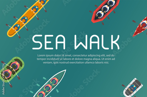 River or sea, lake or pond with a motor or wooden sailboat. Boat, kayak with people inside. Top view fisherman boats on the water.
