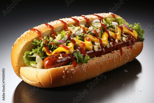 Hot dog with mustard and ketchup on a white background, generative IA