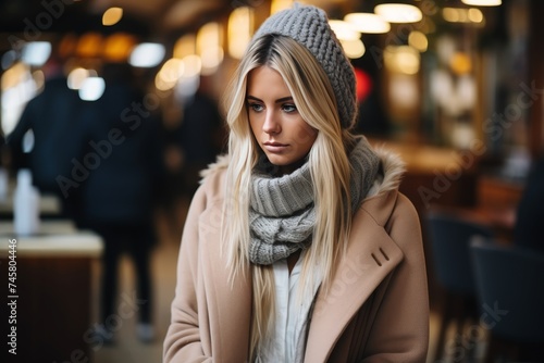 Unhappy woman standing alone on the deserted city street looking distressed and lonely