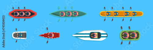 River or sea, lake or pond with a motor or wooden sailboat. Boat, kayak with people inside. Top view fisherman boats on the water.