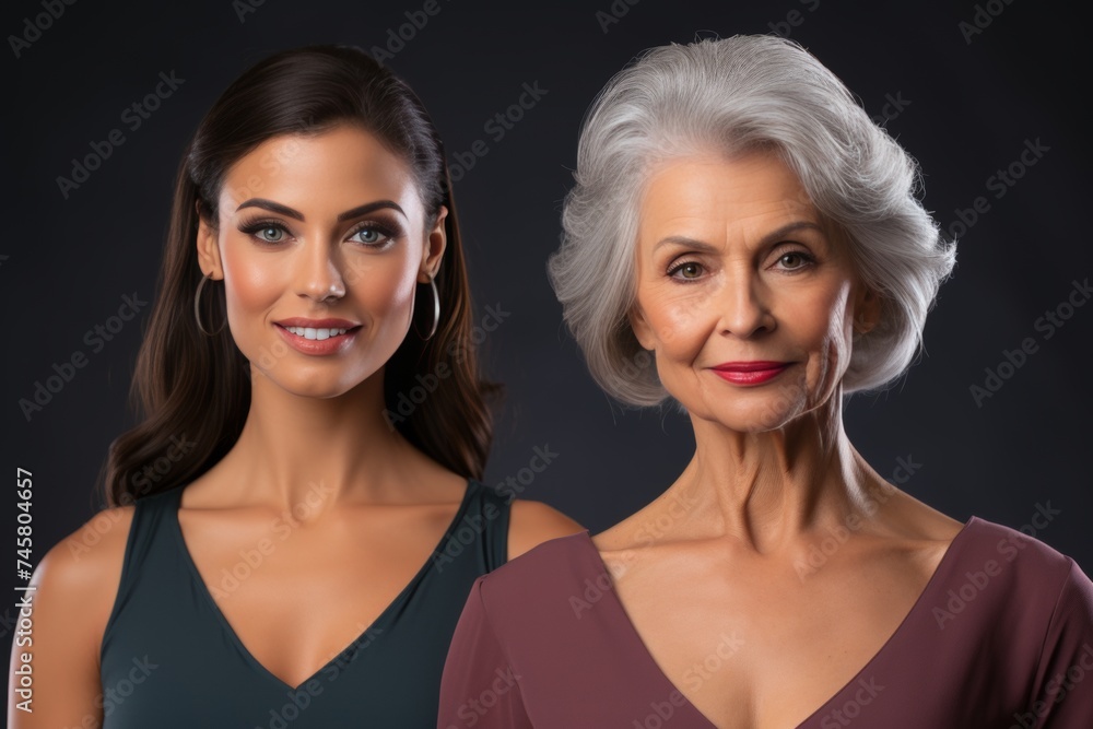 Portrait of successful businesswoman posing with her supportive and business-minded elderly mother Portrait of successful businesswoman posing with her supportive and business-minded elderly mother