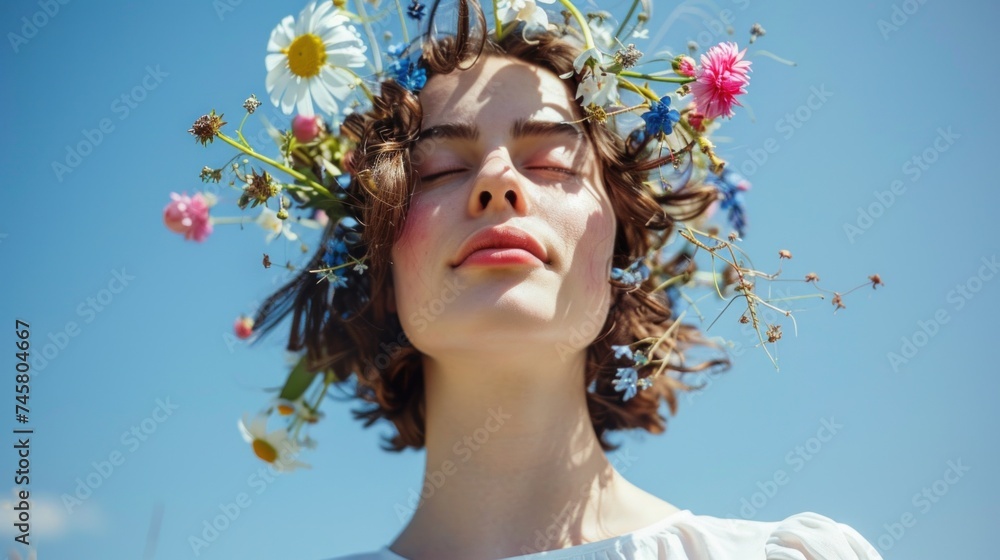 A woman with closed eyes adorned with a floral crown basking in the sunlight against a clear blue sky.