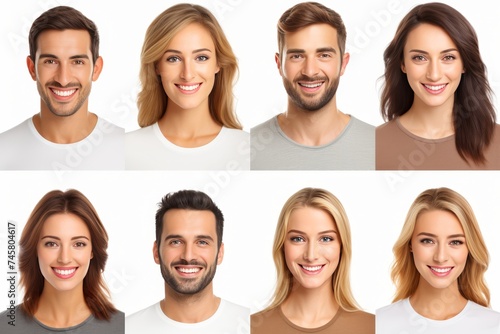 Multiple smiling headshots of men and women on white background looking at camera