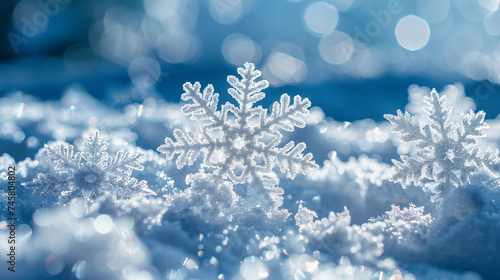 Snow in winter close-up. Macro image of snowflakes  winter holiday background. Frosty pattern. christmas snowy winter snowflakes falling background cinematic. Decorative winter border with snowflakes.