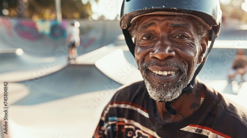 A joyful older man with a beard and gray hair wearing a black helmet smiling at the camera standing in a skate park with graffiti in the background.