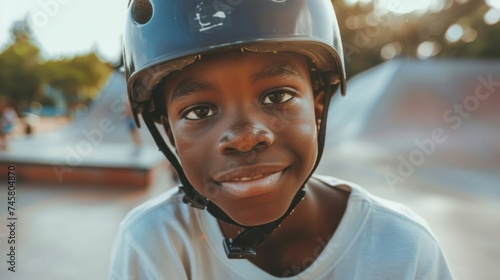 Fotografiet Young skateboarder with a helmet smiling at the camera ready for action ata skate park