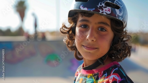 Young skateboarder with curly hair wearing a colorful helmet smiling at the camera standing on a skate ramp with graffiti in the background.