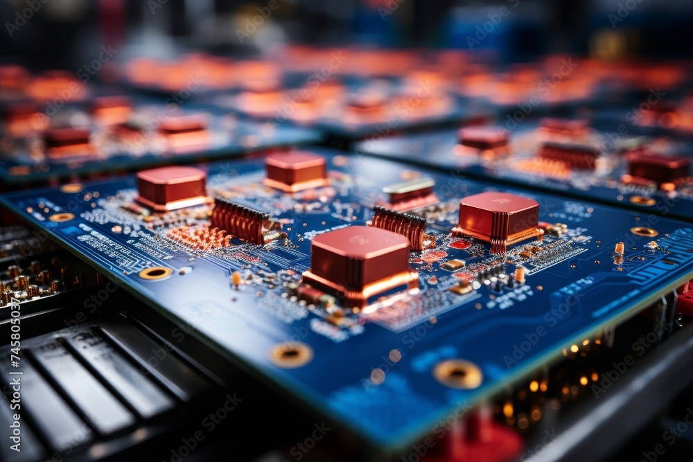 Obraz premium Close-up of a printed circuit board with a microcircuit and a chips