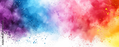 Abstract colorful rainbow gulal powder, dust, pigment particles smoke spray watercolor. Festive 8k Happy Holi Hindu festival of colours background, greeting card, invitation or banner backdrop.