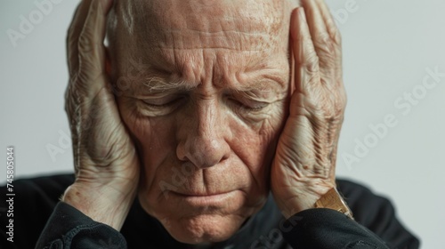 An elderly man with closed eyes resting his head on his hands conveying a sense of contemplation or exhaustion.