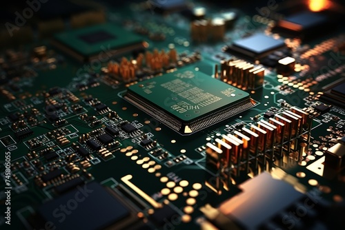 Close-up of printed circuit board with automated chip assembly in technology manufacturing