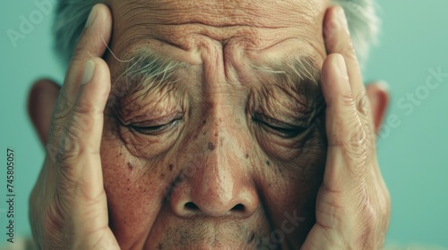 An elderly man with closed eyes holding his temples in his hands conveying a sense of deep thought or concern.