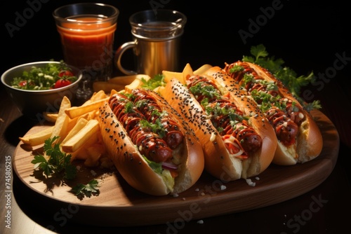 Hot dogs and chips on the wooden plate at sunny coffee, generative IA