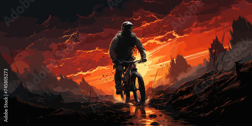 A man riding a bicycle down a hill, digital art style, illustration painting