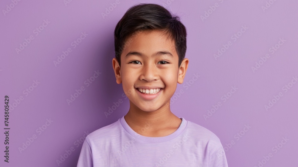 A young boy with a broad smile wearing a purple t-shirt standing against a purple background. A young boy with a broad smile wearing a purple t-shirt standing against a purple background.