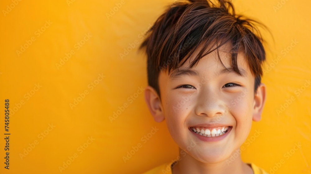 A cheerful young boy with dark hair smiling brightly at the camera against a vibrant yellow background. A cheerful young boy with dark hair smiling brightly at the camera against a vibrant yellow background.