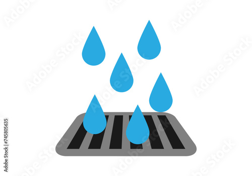 Icono de alcantarilla con gotas de agua en fondo blanco.