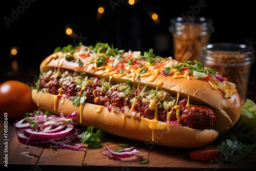 Photo of a tasty American hot dog Streetfood Daylight Foodblog, generative IA