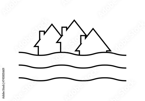 Icono negro de inundación en un pueblo.