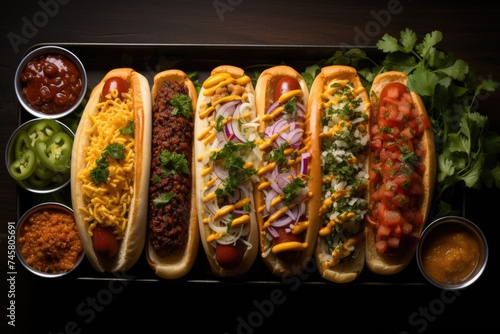 Gourmet grills all hot dogs with side dishes and chips. Delicious and simple hot d, generative IA