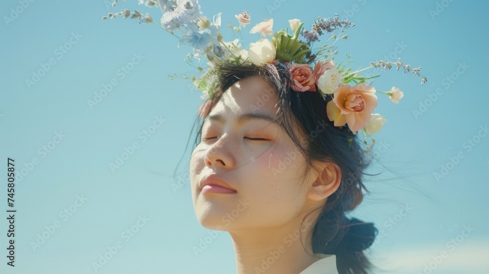 A serene woman with a floral crown her eyes closed basking in the sunlight against a clear blue sky.
