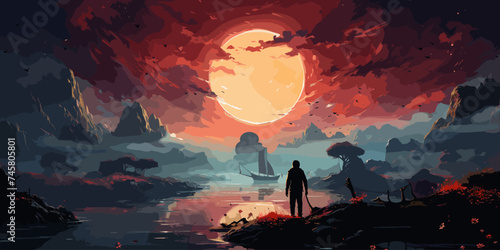 A man standing in a river with his shipwreck against the background of the sky upside down, digital art style, illustration painting