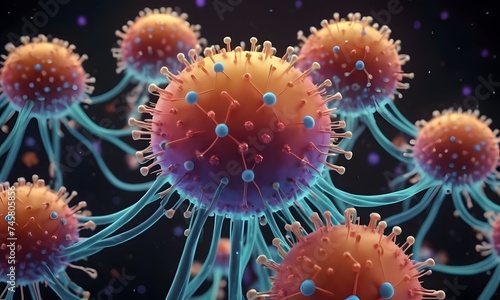 This is a 3D illustration of viruses with protruding surface proteins. The vibrant colors enhance the spherical structures, highlighting the complex nature of pathogens. AI Generative