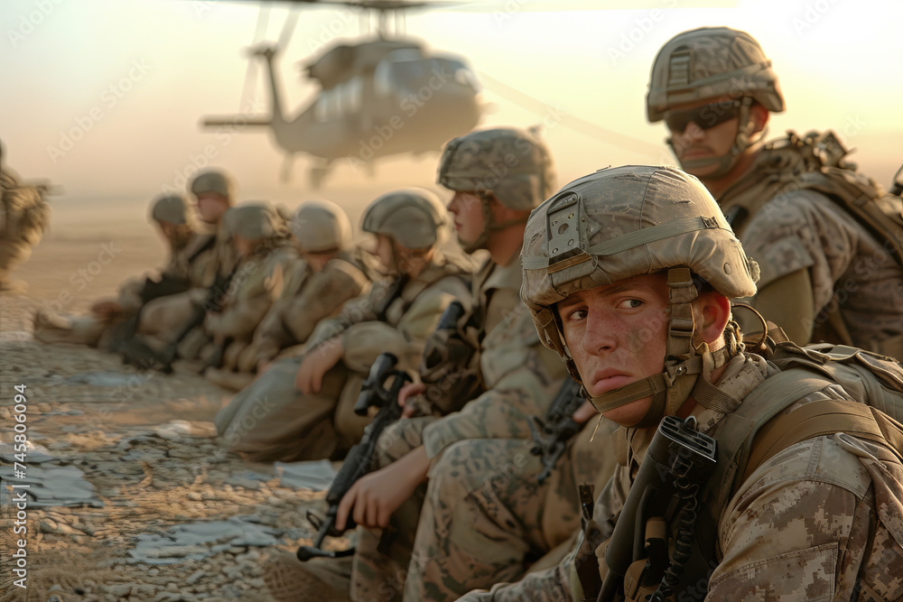 Soldiers Eagerly Awaiting a Helicopter Arrival Soldiers Eagerly Awaiting a Helicopter Arrival