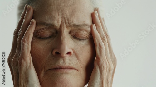 An elderly woman with closed eyes resting her hands on her temples displaying a sense of contemplation or distress.