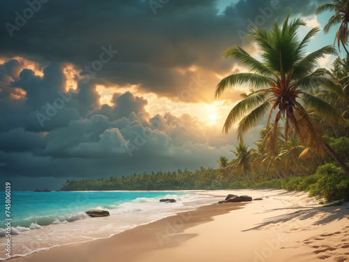 Tranquil sunset at the beach  palm trees  clouds  and ocean waves creating a serene and breathtaking scene of nature s beauty