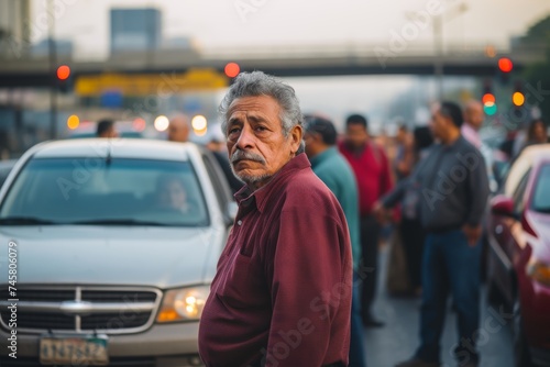  A Hispanic man in his late 70s, grimacing and covering his nose, standing near heavy traffic © Hanna Haradzetska