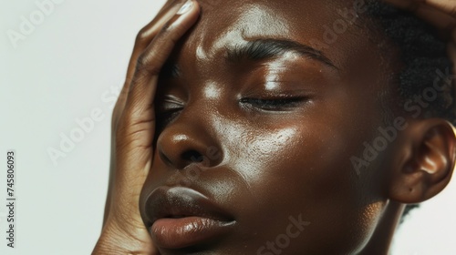 A close-up of a person with dark skin their eyes closed and hands gently resting on their face conveying a sense of tranquility or introspection.