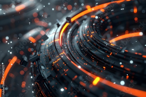 modern 3d illustration of abstract ring shape with glowing lights in shades of red and orange set against futuristic cityscape backdrop, unique and innovative design is great choice for technology